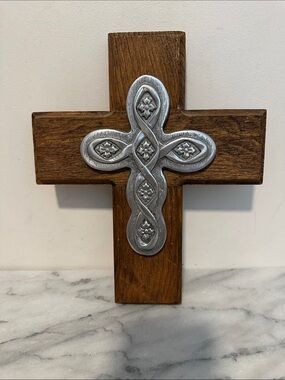 Rustic Wood Wall Cross with Silver Decorative Accent